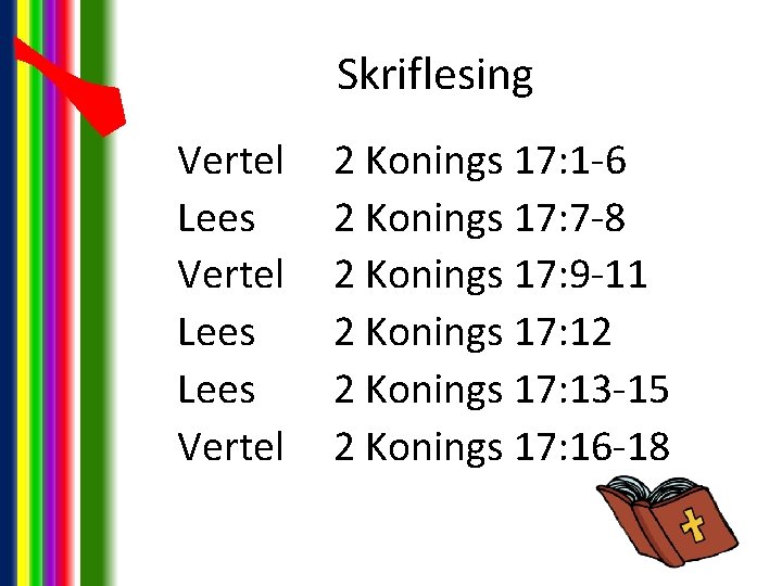Skriflesing Vertel Lees Vertel 2 Konings 17: 1 -6 2 Konings 17: 7 -8 Skriflesing Vertel Lees Vertel 2 Konings 17: 1 -6 2 Konings 17: 7 -8
