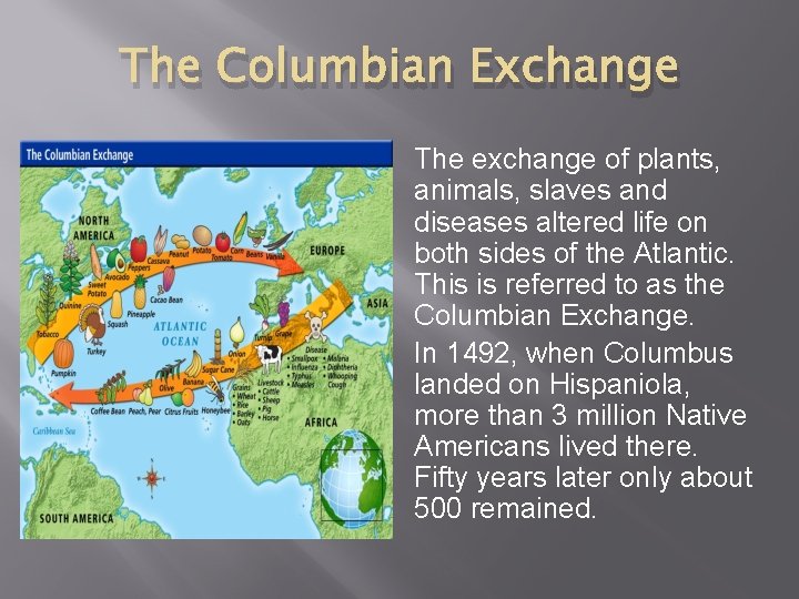 The Columbian Exchange The exchange of plants, animals, slaves and diseases altered life on