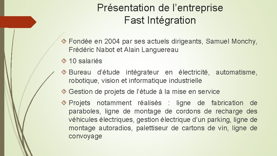 Présentation de l’entreprise Fast Intégration Fondée en 2004 par ses actuels dirigeants, Samuel Monchy,