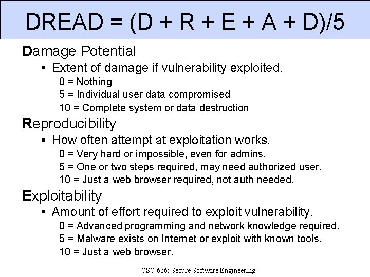 DREAD = (D + R + E + A + D)/5 Damage Potential Extent