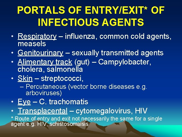 PORTALS OF ENTRY/EXIT* OF INFECTIOUS AGENTS • Respiratory – influenza, common cold agents, measels