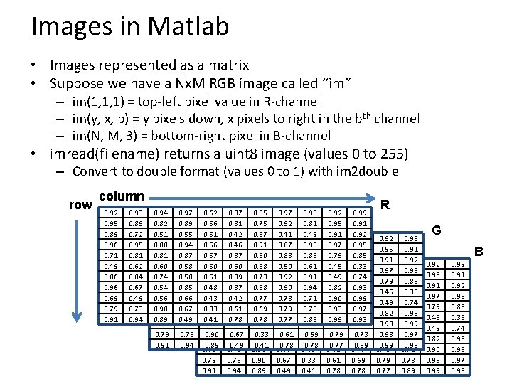 Images in Matlab • Images represented as a matrix • Suppose we have a