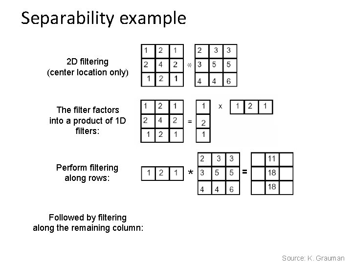 Separability example 2 D filtering (center location only) The filter factors into a product