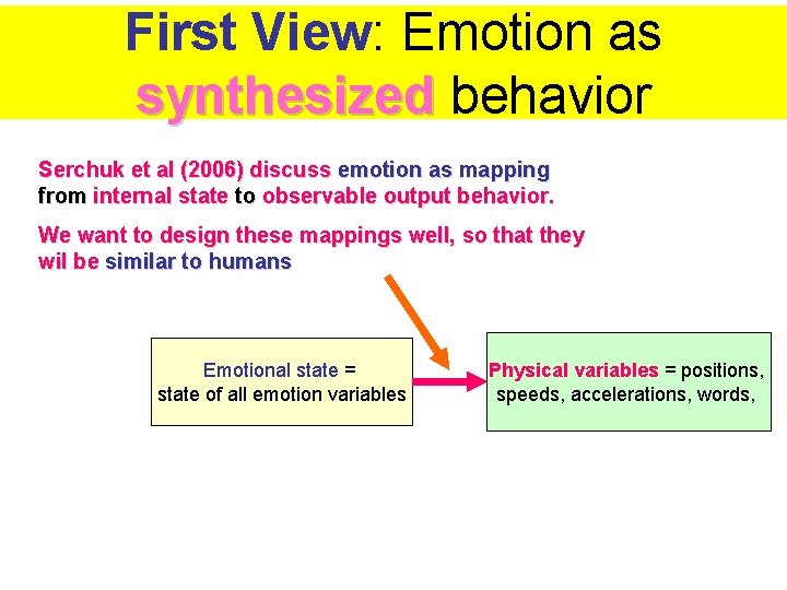 First View: Emotion as synthesized behavior synthesized Serchuk et al (2006) discuss emotion as