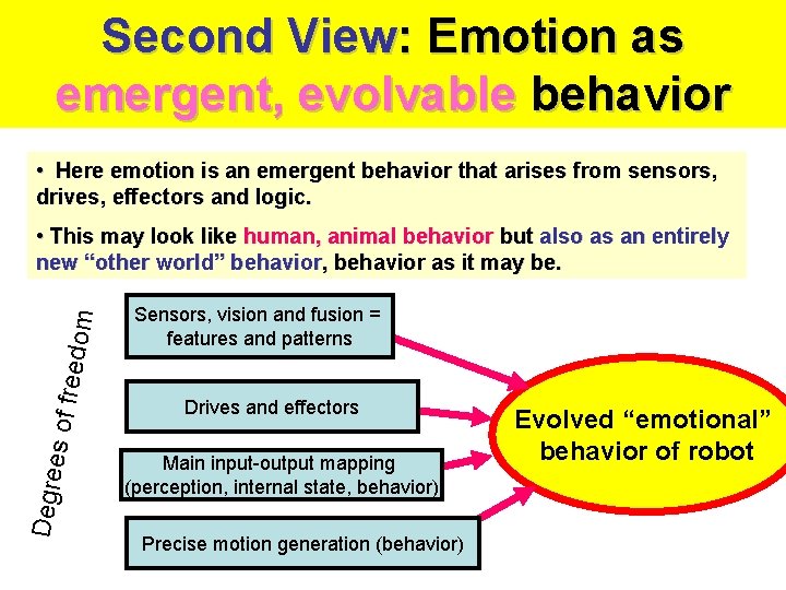 Second View: Emotion as emergent, evolvable behavior • Here emotion is an emergent behavior