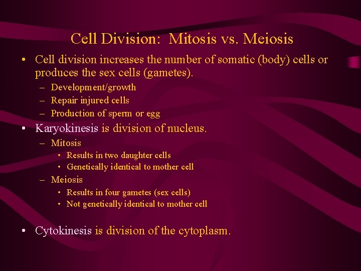 Cell Division: Mitosis vs. Meiosis • Cell division increases the number of somatic (body)