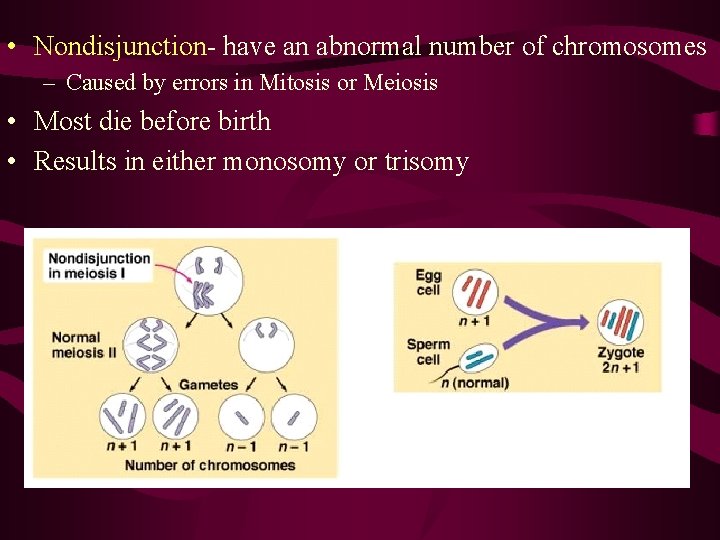  • Nondisjunction- have an abnormal number of chromosomes – Caused by errors in