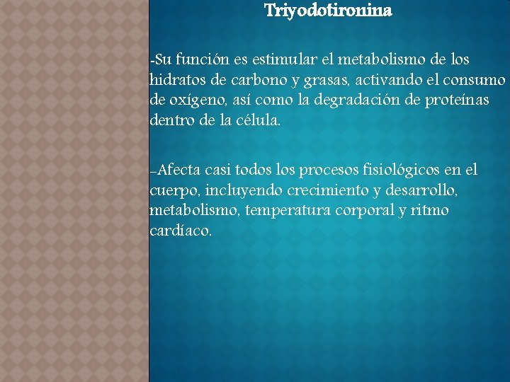 Triyodotironina -Su función es estimular el metabolismo de los hidratos de carbono y grasas,