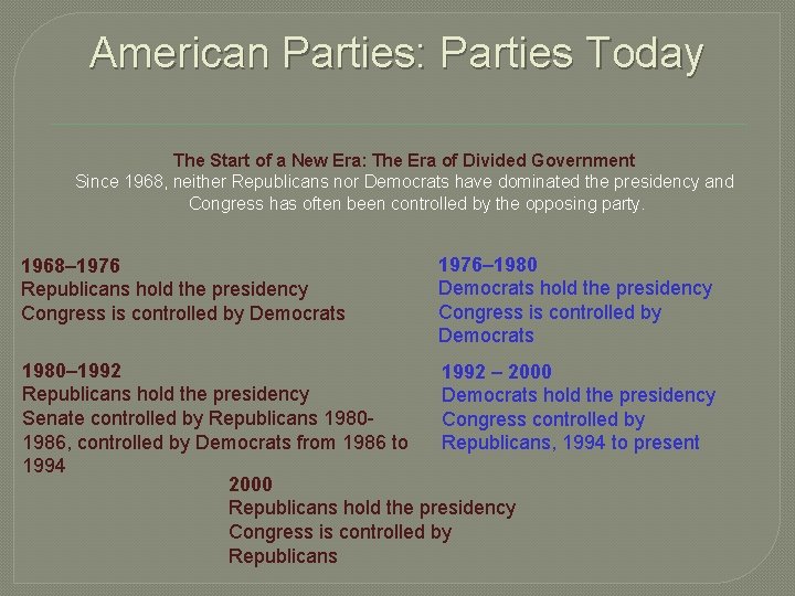 American Parties: Parties Today The Start of a New Era: The Era of Divided