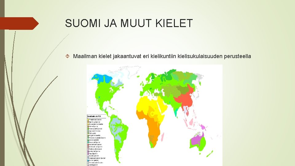 SUOMI JA MUUT KIELET Maailman kielet jakaantuvat eri kielikuntiin kielisukulaisuuden perusteella 