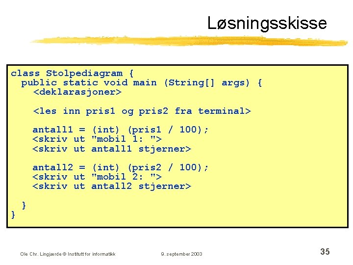 Løsningsskisse class Stolpediagram { public static void main (String[] args) { <deklarasjoner> <les inn