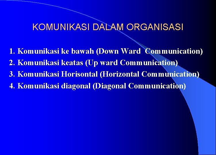 KOMUNIKASI DALAM ORGANISASI 1. Komunikasi ke bawah (Down Ward Communication) 2. Komunikasi keatas (Up