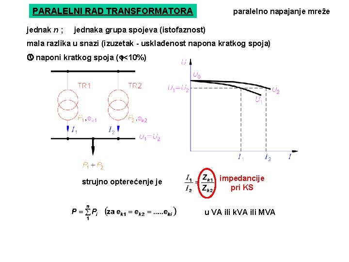 PARALELNI RAD TRANSFORMATORA jednak n ; paralelno napajanje mreže jednaka grupa spojeva (istofaznost) mala