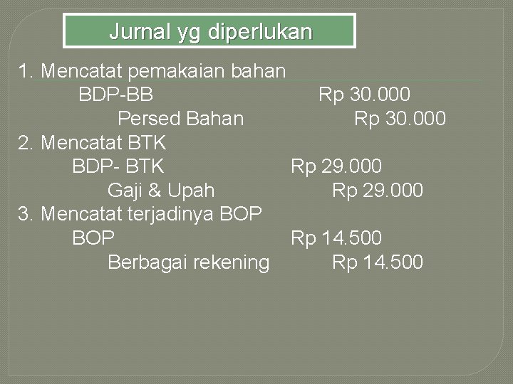 Jurnal yg diperlukan 1. Mencatat pemakaian bahan BDP-BB Rp 30. 000 Persed Bahan Rp