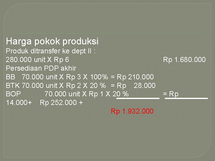 Harga pokok produksi Produk ditransfer ke dept II : 280. 000 unit X Rp