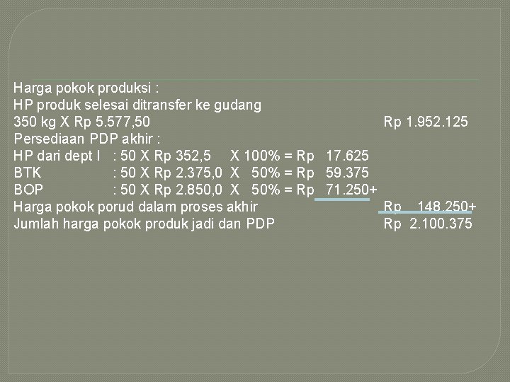 Harga pokok produksi : HP produk selesai ditransfer ke gudang 350 kg X Rp