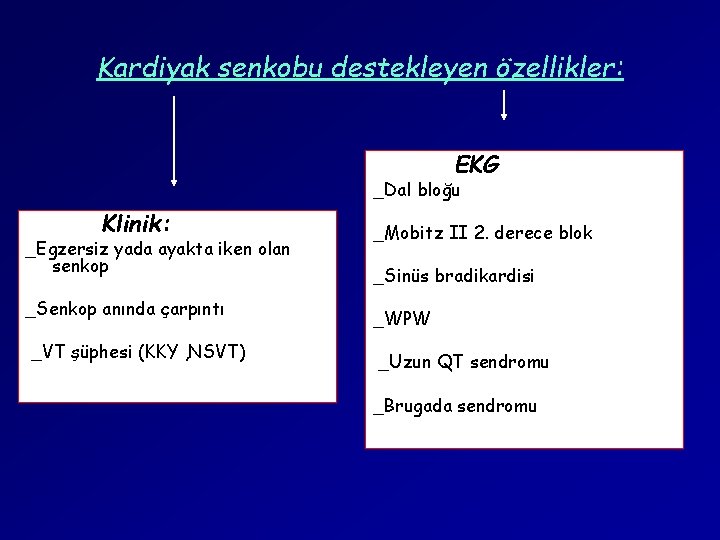 Kardiyak senkobu destekleyen özellikler: EKG _Dal bloğu Klinik: _Egzersiz yada ayakta iken olan senkop