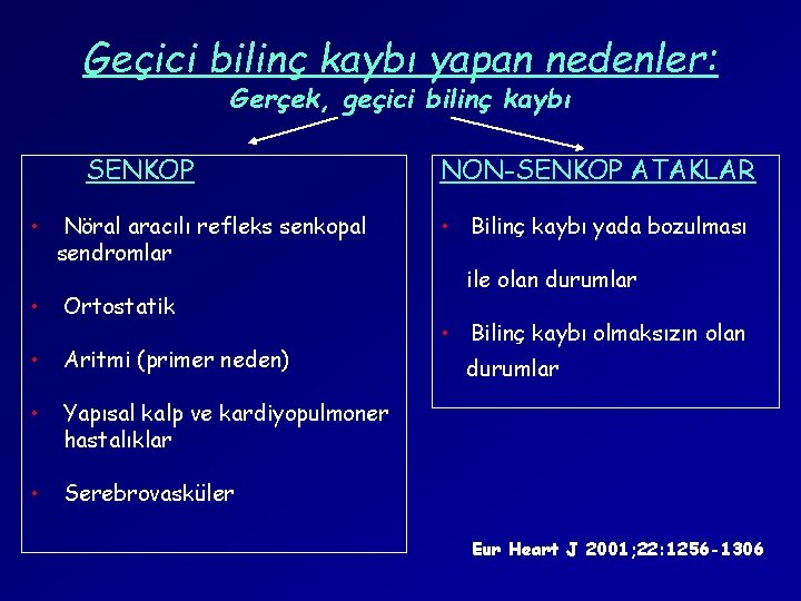 Geçici bilinç kaybı yapan nedenler: Gerçek, geçici bilinç kaybı SENKOP • Nöral aracılı refleks