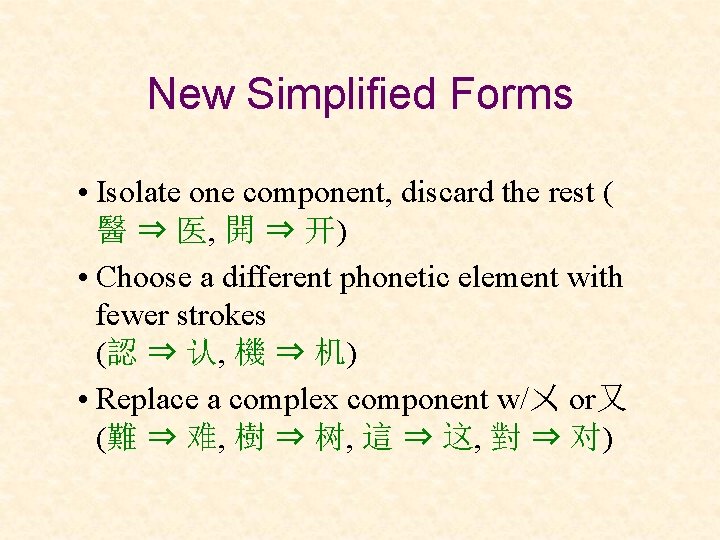 New Simplified Forms • Isolate one component, discard the rest ( 醫 ⇒ 医,