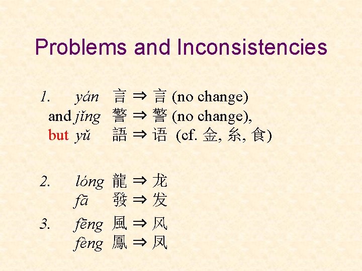 Problems and Inconsistencies 1. yán 言 ⇒ 言 (no change) and jǐng 警 ⇒