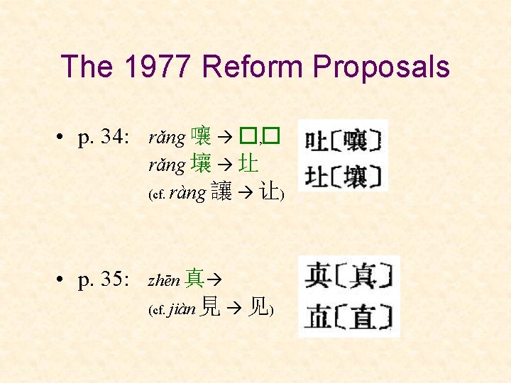 The 1977 Reform Proposals • p. 34: rǎng 嚷 �� , rǎng 壤 圵