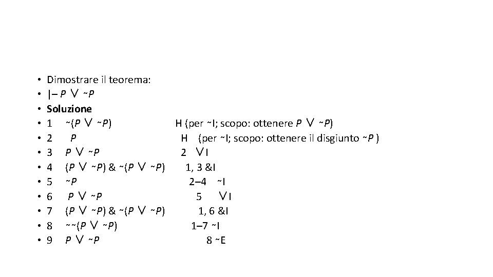  • • • Dimostrare il teorema: |– P ∨ ∼P Soluzione 1 ∼(P