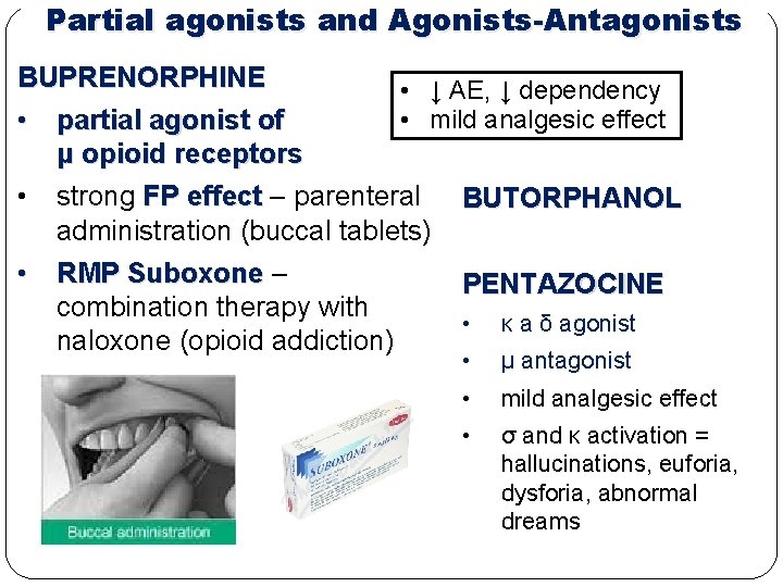 Partial agonists and Agonists-Antagonists BUPRENORPHINE • ↓ AE, ↓ dependency • mild analgesic effect