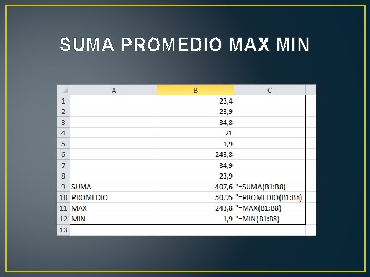 SUMA PROMEDIO MAX MIN 