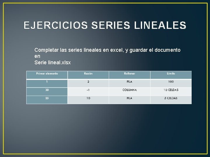 EJERCICIOS SERIES LINEALES Completar las series lineales en excel, y guardar el documento en