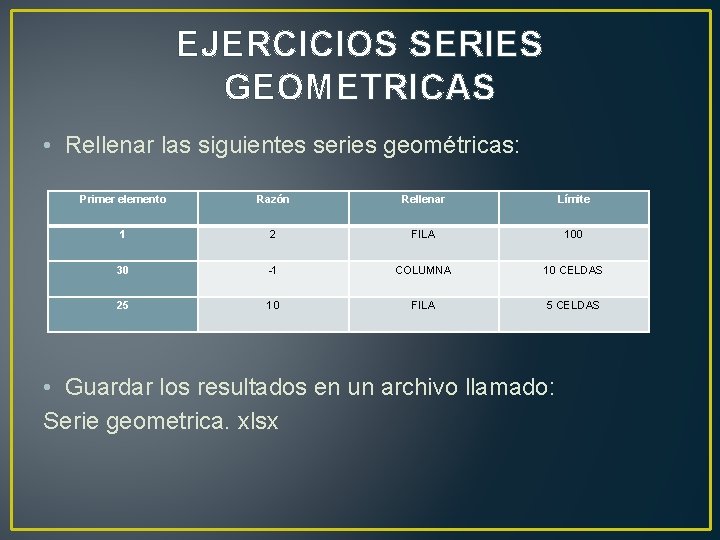 EJERCICIOS SERIES GEOMETRICAS • Rellenar las siguientes series geométricas: Primer elemento Razón Rellenar Límite