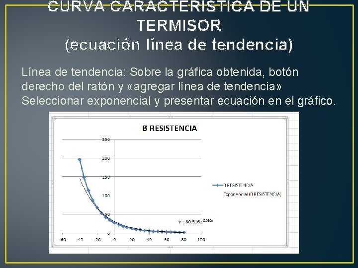 CURVA CARACTERÍSTICA DE UN TERMISOR (ecuación línea de tendencia) Línea de tendencia: Sobre la