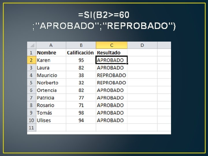 =SI(B 2>=60 ; "APROBADO"; "REPROBADO") 