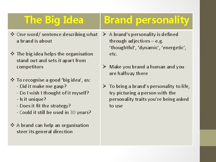 The Big Idea Brand personality v One word/ sentence describing what Ø A brand’s The Big Idea Brand personality v One word/ sentence describing what Ø A brand’s