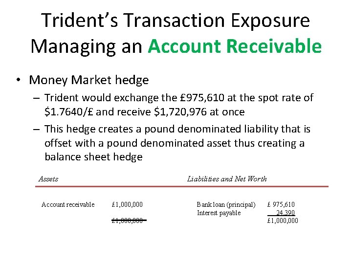 Trident’s Transaction Exposure Managing an Account Receivable • Money Market hedge – Trident would