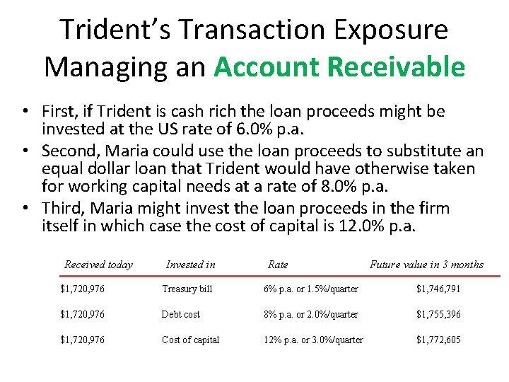 Trident’s Transaction Exposure Managing an Account Receivable • First, if Trident is cash rich