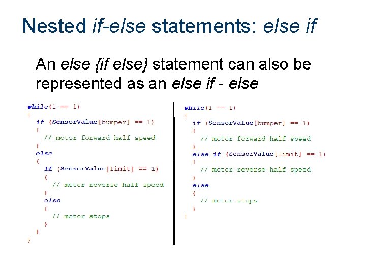 Nested if-else statements: else if An else {if else} statement can also be represented