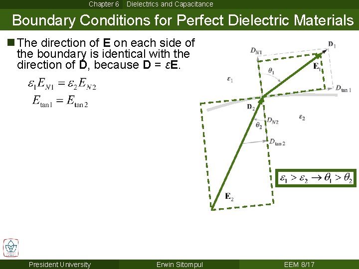 Chapter 6 Dielectrics and Capacitance Boundary Conditions for Perfect Dielectric Materials n The direction