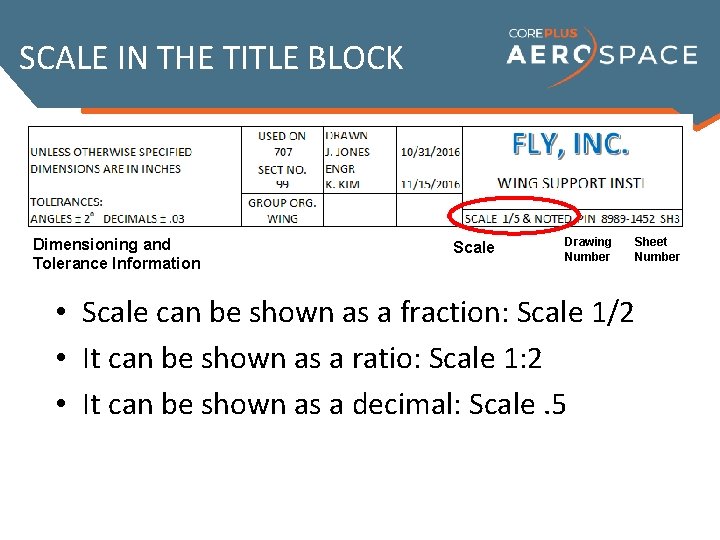 SCALE IN THE TITLE BLOCK Dimensioning and Tolerance Information Scale Drawing Number Sheet Number