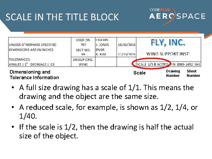 SCALE IN THE TITLE BLOCK Dimensioning and Tolerance Information Scale Drawing Number Sheet Number