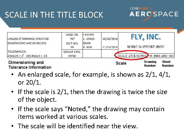 SCALE IN THE TITLE BLOCK Dimensioning and Tolerance Information Scale Drawing Number Sheet Number