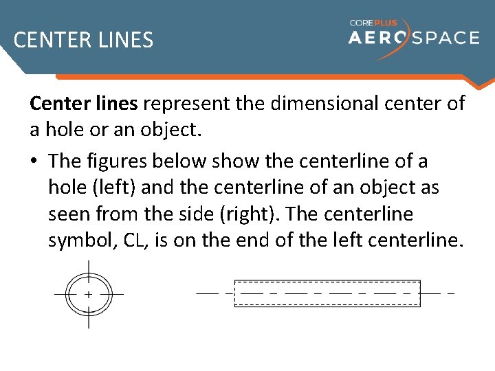 CENTER LINES Center lines represent the dimensional center of a hole or an object.