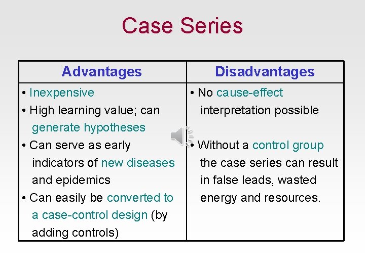 Case Series Advantages • Inexpensive • High learning value; can generate hypotheses • Can