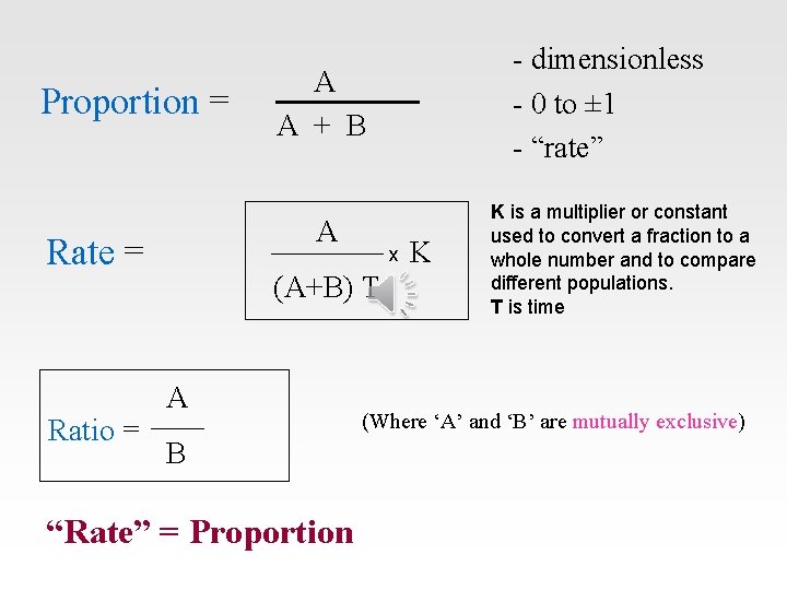 Proportion = Ratio = A A + B A Rate = - dimensionless -
