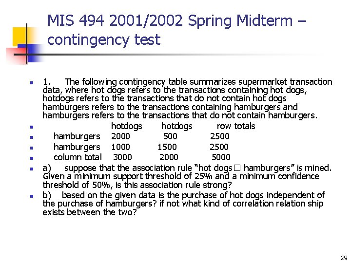MIS 494 2001/2002 Spring Midterm – contingency test n n n n 1. The MIS 494 2001/2002 Spring Midterm – contingency test n n n n 1. The