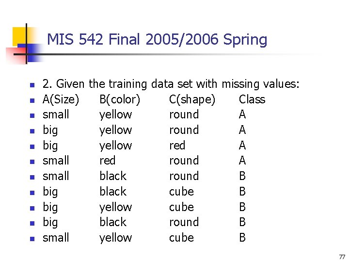 MIS 542 Final 2005/2006 Spring n n n 2. Given the training data set MIS 542 Final 2005/2006 Spring n n n 2. Given the training data set