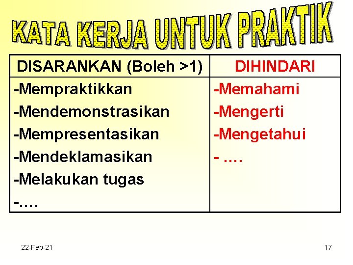 DISARANKAN (Boleh >1) -Mempraktikkan -Mendemonstrasikan -Mempresentasikan -Mendeklamasikan -Melakukan tugas -…. 22 -Feb-21 DIHINDARI -Memahami