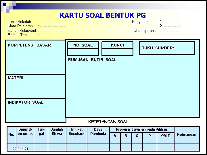 KARTU SOAL BENTUK PG Jenis Sekolah Mata Pelajaran Bahan Kelas/smt Bentuk Tes : -------------------: