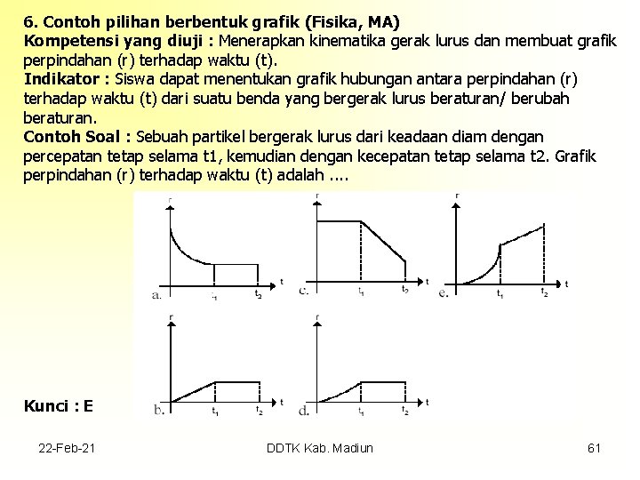 6. Contoh pilihan berbentuk grafik (Fisika, MA) Kompetensi yang diuji : Menerapkan kinematika gerak