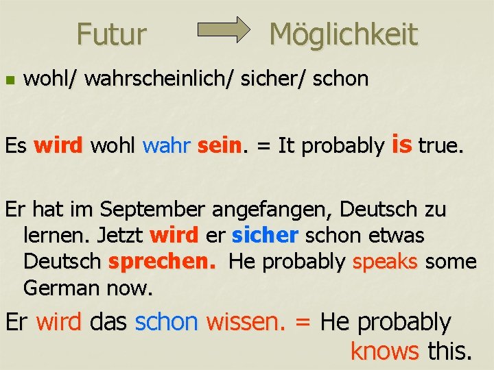 Futur n Möglichkeit wohl/ wahrscheinlich/ sicher/ schon Es wird wohl wahr sein. = It