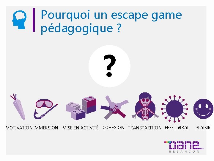 Pourquoi un escape game pédagogique ? ? MOTIVATION IMMERSION MISE EN ACTIVITÉ COHÉSION TRANSPARITION